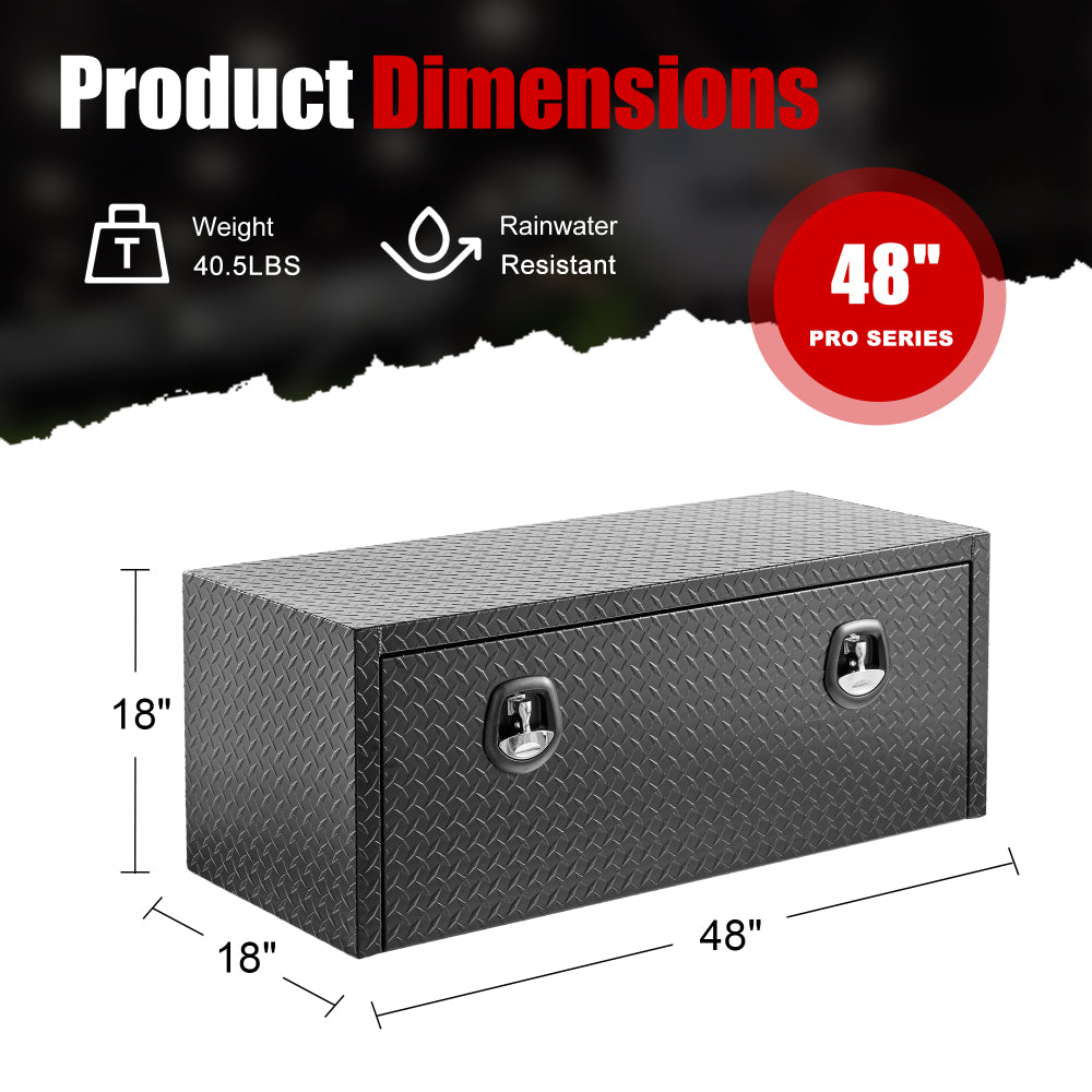 48 inch aluminum underbody truck tool box heavy duty underbed toolbox tool storage organizer chest with lock and keys, waterproof trailer box, extra thick diamond thread plate matte black finish