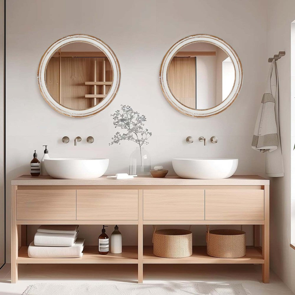 31.5 inches Round Wall Mirror for Bathroom Vanity, Wooden Farmhouse Circle Mirrors for Bedroom, Entryway, Living Room, Kithen Whitewash Edge Decorative Mirror for Home, Office