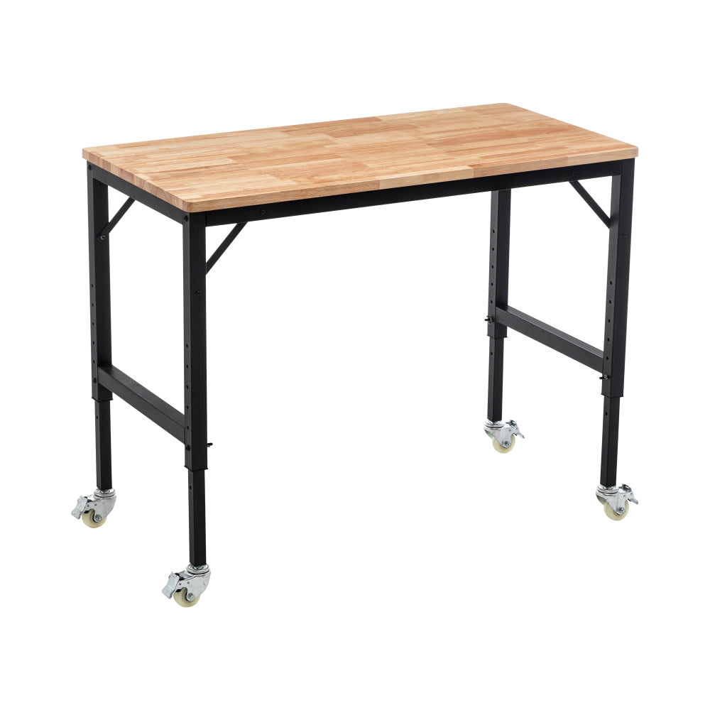 48" Heavy-Duty Adjustable Workbench for Garage, Rubber Wood shop table W/Metal Wheels, Hardwood Workstation Weight Capacity over 2000 Lbs with Wheels