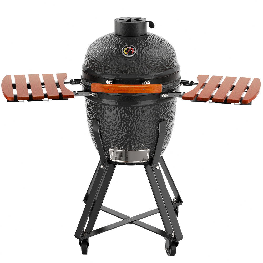 18" W Kamado Portable Charcoal Grill with Side Shelves and Cover, Black