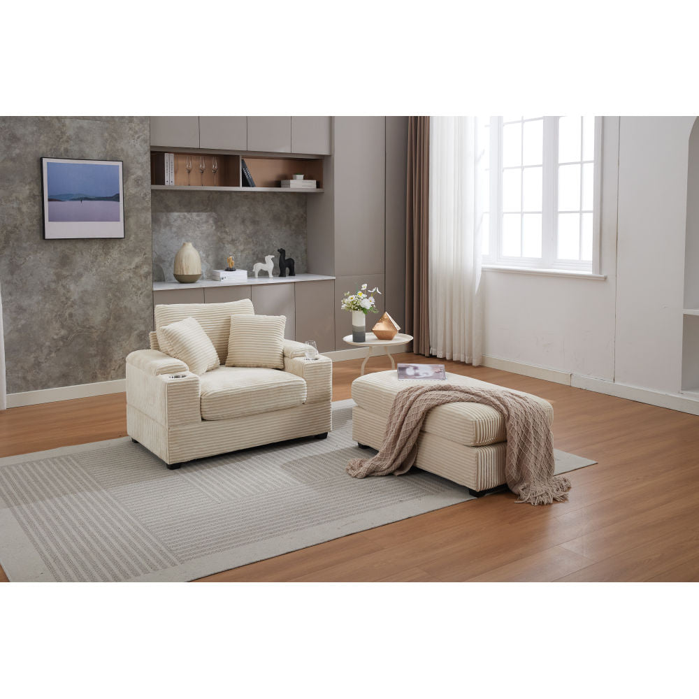 [VIDEO/New]Corduroy Upholstered Chaise Lounge Sofa with Handrail storage ,Movable ottoman,Cupholders,Detachable Cushions Deep Seat for Living Room Office,3 colour