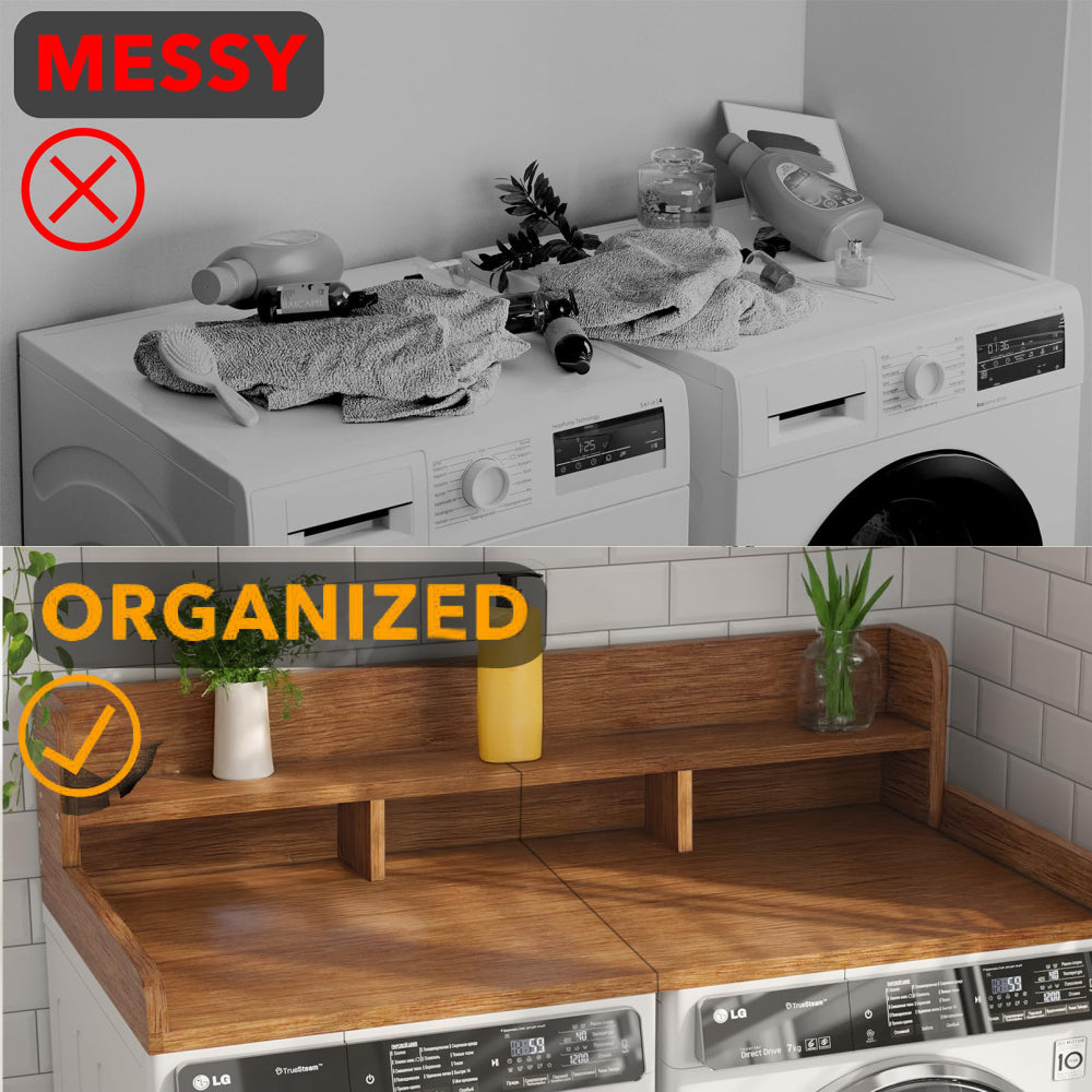 Washer Dryer Countertop with Non-slip Pads, Laundry Wood Shelf Topper with Edge, 54" Width x 27.5" Depth Double Layer Organizer for Washer and Dryer Laundry Hamper Counter Storage Organization(WALNUT)