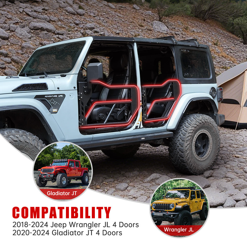 Tube Doors with Side View Mirror for 2018-2024 Jeep Wrangler JL JLU & Gladiator JT 4-Doors (Includes 4XE) 4-piece set Off Road Summer Trail Adventure