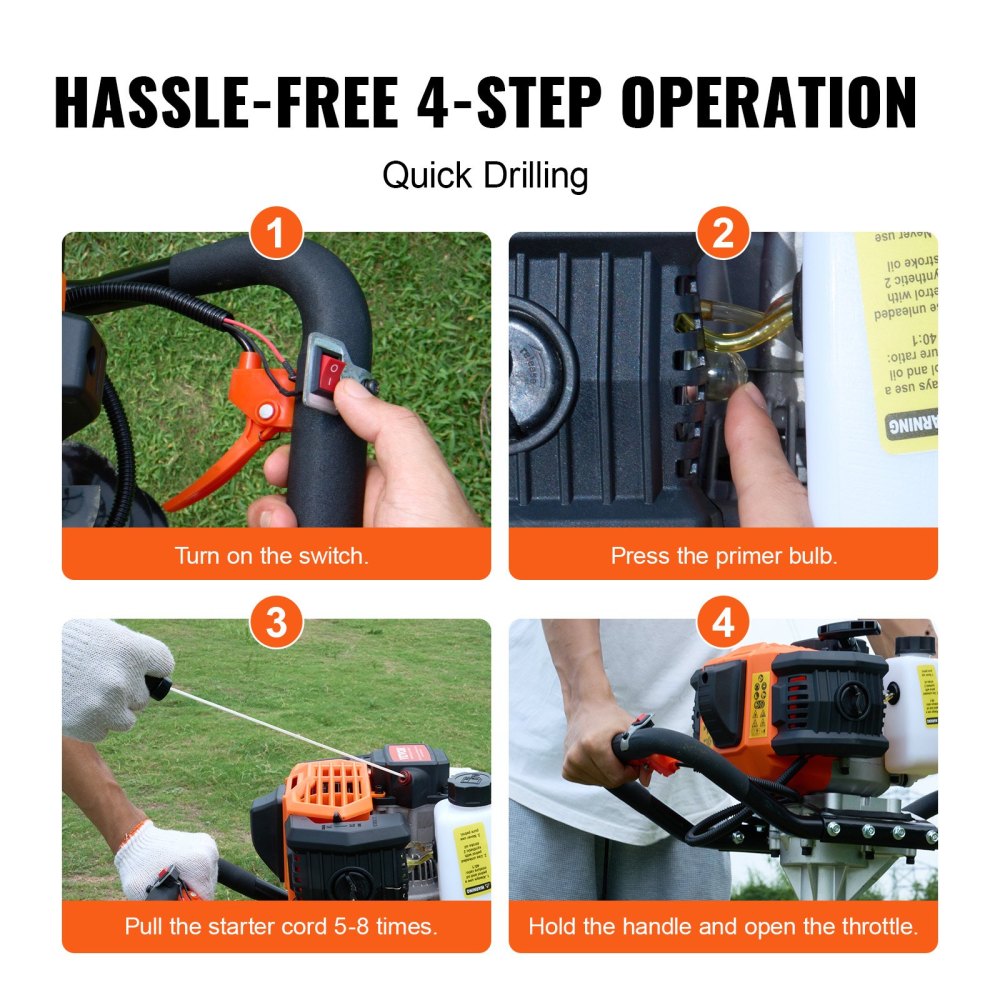 Gas Post Hole Digger 52CC 1450W with 8 Drill Bits & 1 Extension Rod