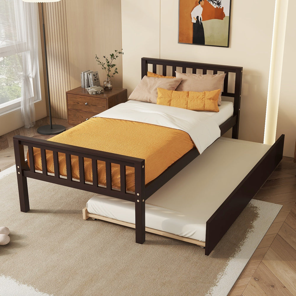 Twin Bed with Trundle, Platform Bed Frame with Headboard and Footboard, for Bedroom Small Living Space,No Box Spring Needed,White(New SKU:W504P148532)