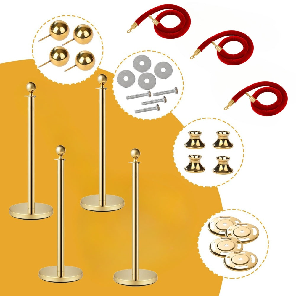 Velvet Ropes and Posts, 5 ft/1.5 m Red Rope, Stainless Steel Gold Stanchion with Ball Top, Red Crowd Control Barrier Used for Theaters, Party, Wedding, Exhibition, Ticket Offices 4 packSets