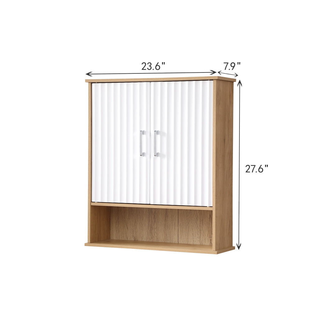 Bathroom Wall Cabinet with Double - Door, Bottom Shelf, Wavy - Patterned Doors, Adjustable Inner Shelf, Easy Installation, White & Natural Wood