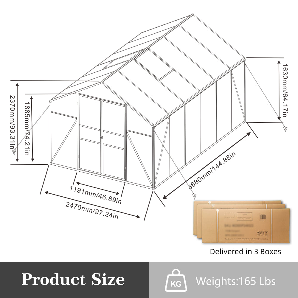Newly Design Greenhouse 8x12 FT Polycarbonate Greenhouse Raised Base and Anchor Aluminum Heavy Duty Walk-in Greenhouses for Outdoor Backyard in All Season