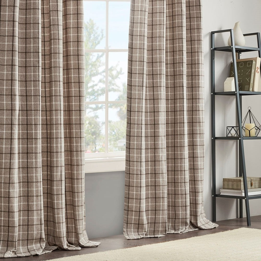 Plaid Rod Pocket and Back Tab Curtain Panel with Fleece Lining Brown 50x95"