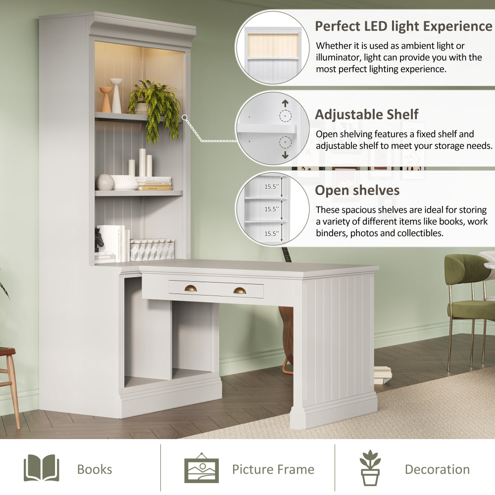 83.4"Tall Bookshelf with Writing Desk, Modern Bookcase with Study Desk, Workstation with Storage Shelf,Storage Bookcase with Open Shelves and LED Lighting for Living Room,Home Office,White