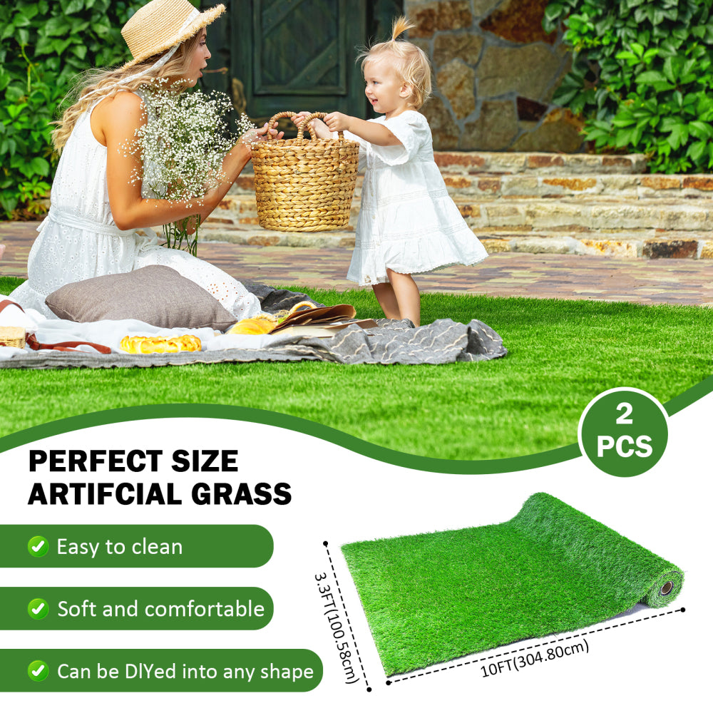 (2Pack)3.3FTx10FT Artificial Grass Realistic Synthetic Thick Fake Faux Grass Rug Astroturf Carpet Landscape for Dogs Indoor Outdoor Garden Lawn Mat, with Drainage Holes