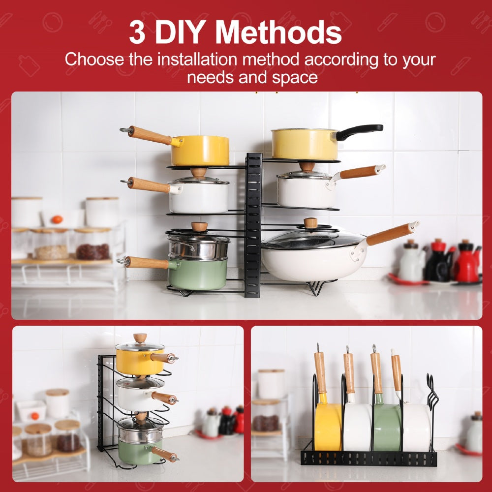 Adjustable pot rack, kitchen rack, and storage rack, kitchen organization and storage