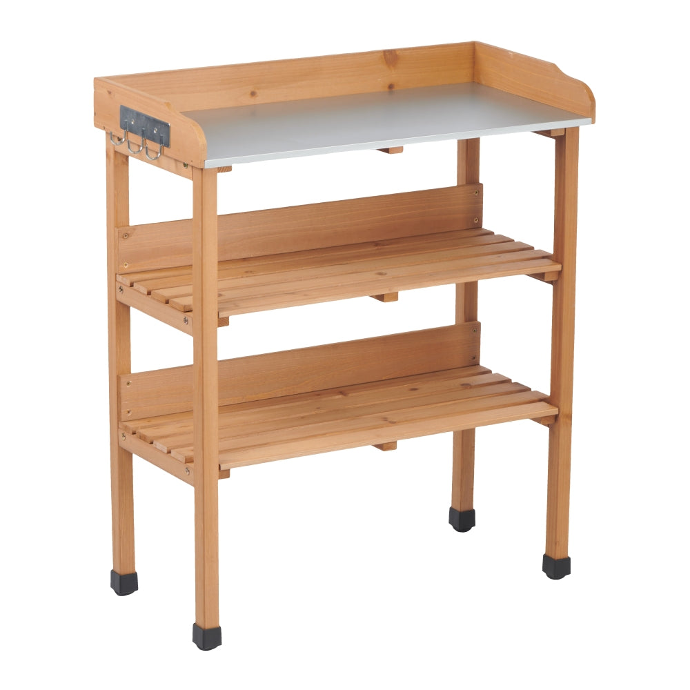 Outdoor Wooden Garden Cart Table with Wheels, Metal Top and Storage Hook, for Patio Backyard Garden