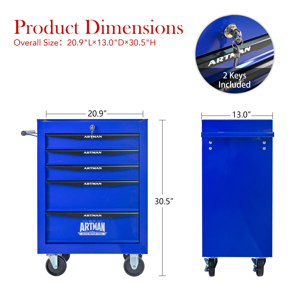 Rolling Metal Tool Chest with 5 Drawers, 20" 5-Drawer Tool Chest Cabinet with Ball Bearing Drawer Slides, Steel Tool Storage Box Organizer -BLACK&BLUE