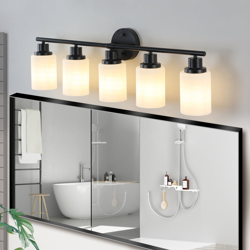 31" Modern 5-Light Vanity Bathroom Mirror Light, Frosted White Glass with Black Iron Frame, Contemporary Wall Sconce for Bedroom, Bathroom, and Dressing Room (Bulb Not Included)