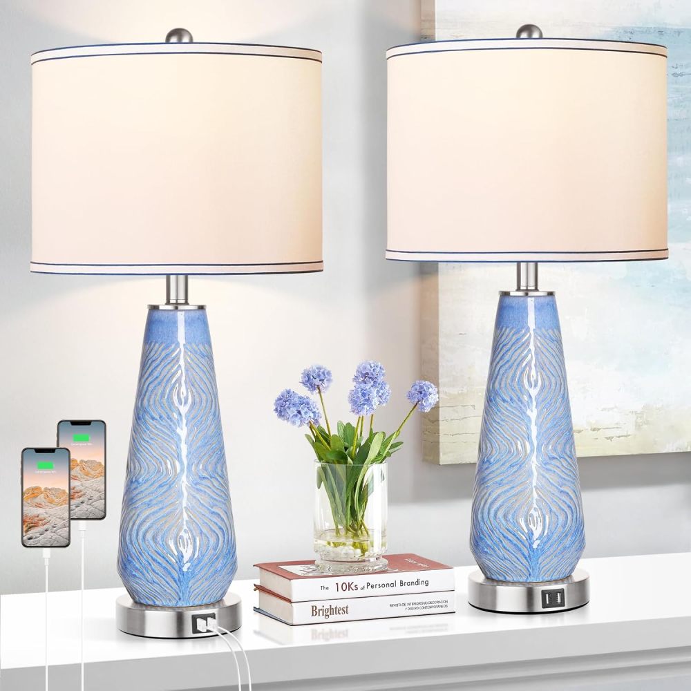 Modern Table Lamp Set of 2 Touch Control, 27" Tall Blue Art Ceramic Bedside Lamp with USB Ports, 3-Way Dimmable Hand Crafted Nightstand Lamps with White Shade for Living Room Bedroom Office