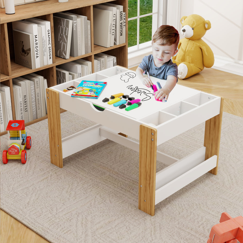 Kids 2 in 1 Play Table with 7 Storage Compartments,Compatible with LEGO Building Block,Modern Activity Learning Table Game Furniture-White