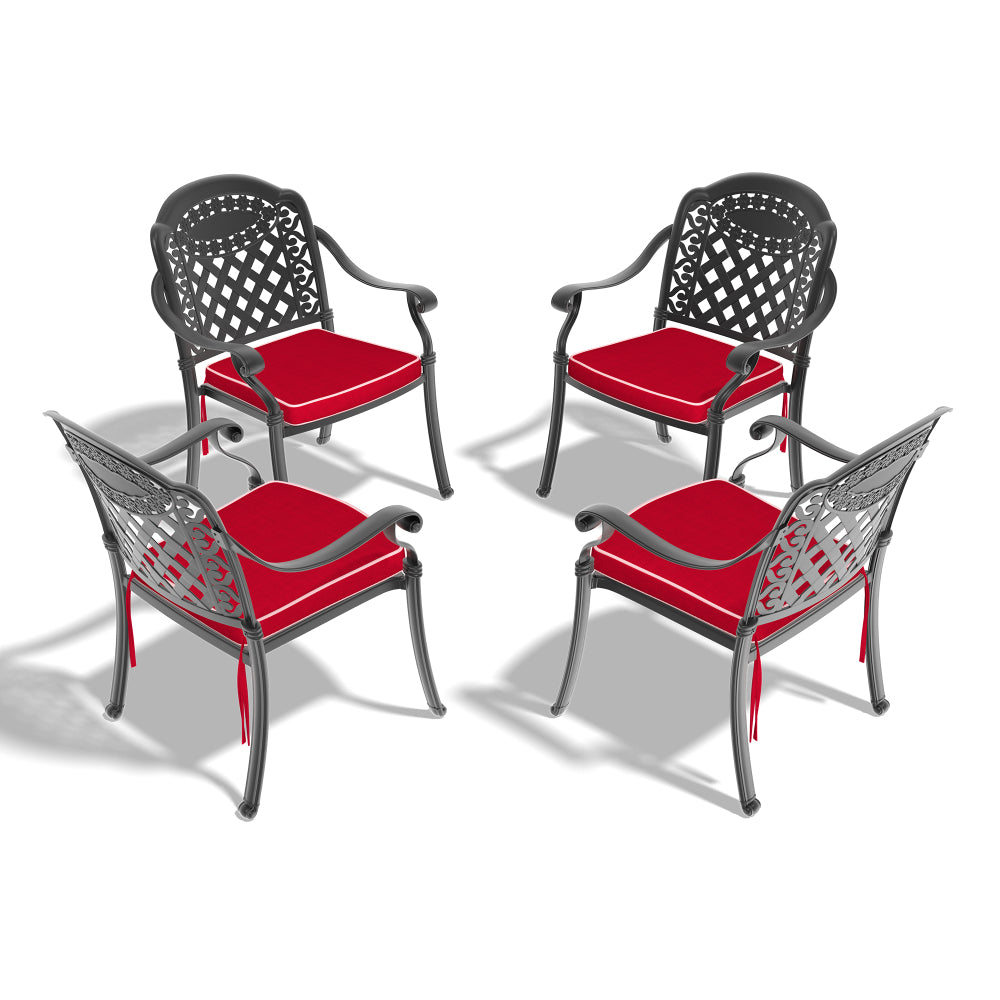 Cast Aluminum Patio Dining Chair 4PCS With Black Frame and Red Cushions