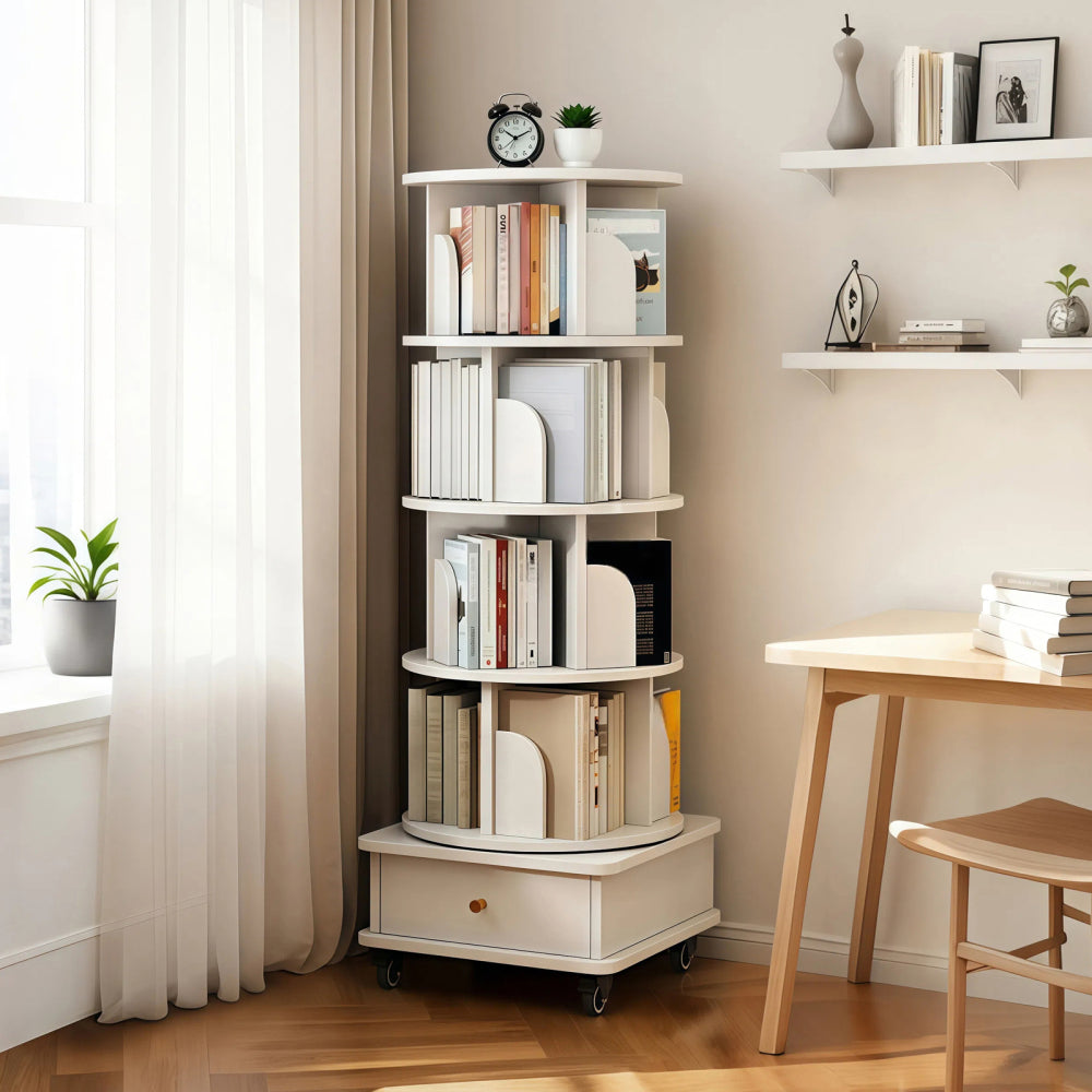 6 Tier Rotating Bookshelf, 360° Display Round Spinning Bookshelf with Wheels and Drawer, Space-Saving, Small Space Rotating Bookshelf Tower for Bedroom, Living Room, Home, Office, Wood Color