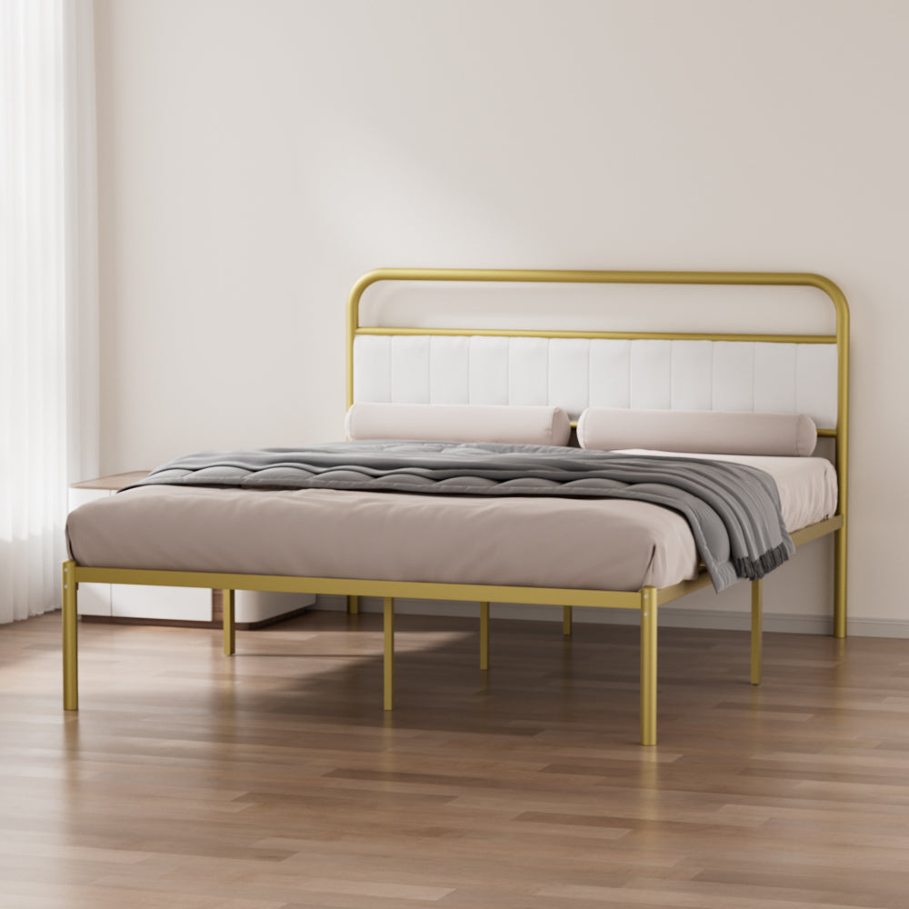 Metal Steel Platform Bed Frame with Upholstered Headboard cushion (Queen Size) - Gold