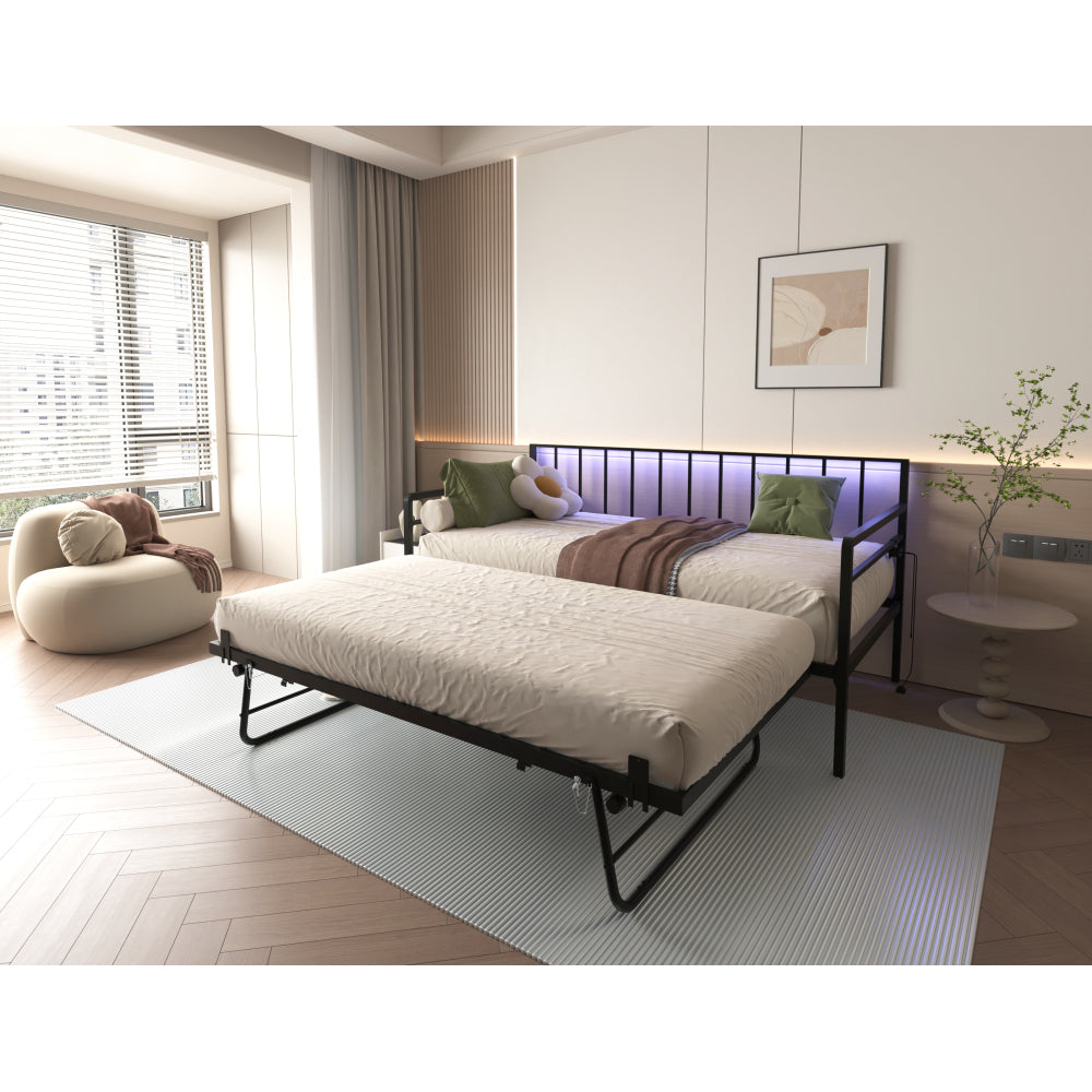 Twin Daybed with Trundle, Farmhouse Daybed Frame with Sliding Barn Door Headboard and Charging Station & LED Light for Bedroom and Guest Room, Rustic Brown