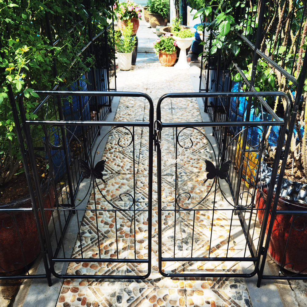 Metal Garden Arch with Gate 79.5'' Wide x 86.6'' High Climbing Plants Support Rose Arch Outdoor Black