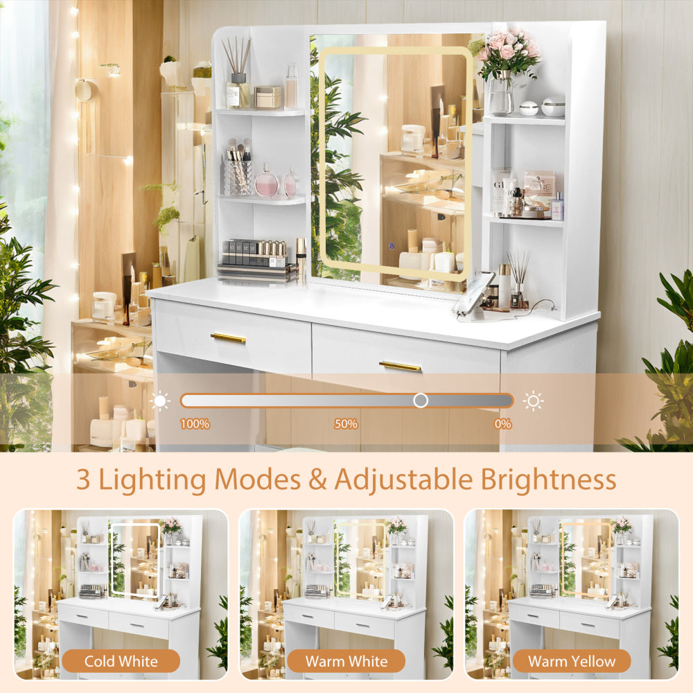 Vanity Desk with Mirror and Lights, Makeup Vanity with 2 Drawers and 6 Storage Shelves, 3 Lighting Modes Adjustable Brightness, Dressing Table with Power Outlet & Cushioned Stool for Bedroom, White