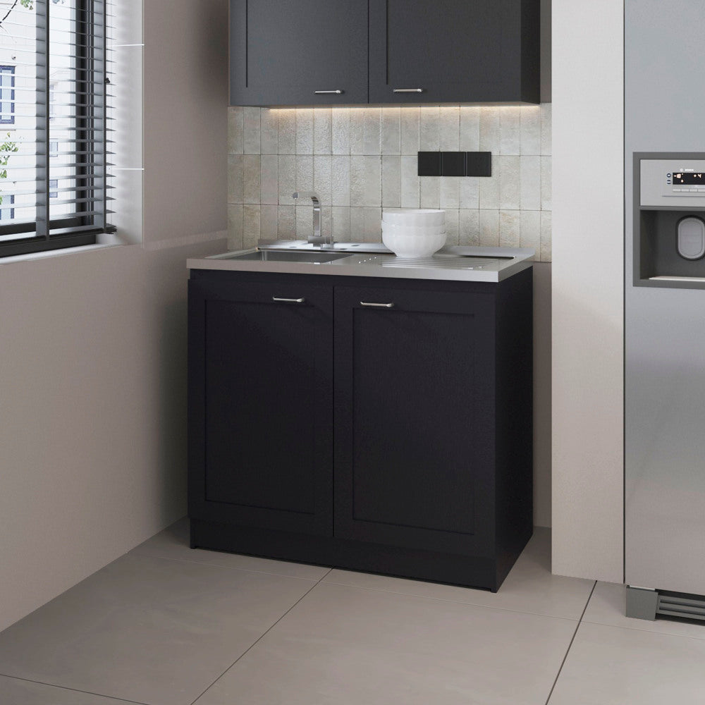 FM FURNITURE Haivana Utility Sink Base Cabinet with Double Doors and Interior Shelf, Black