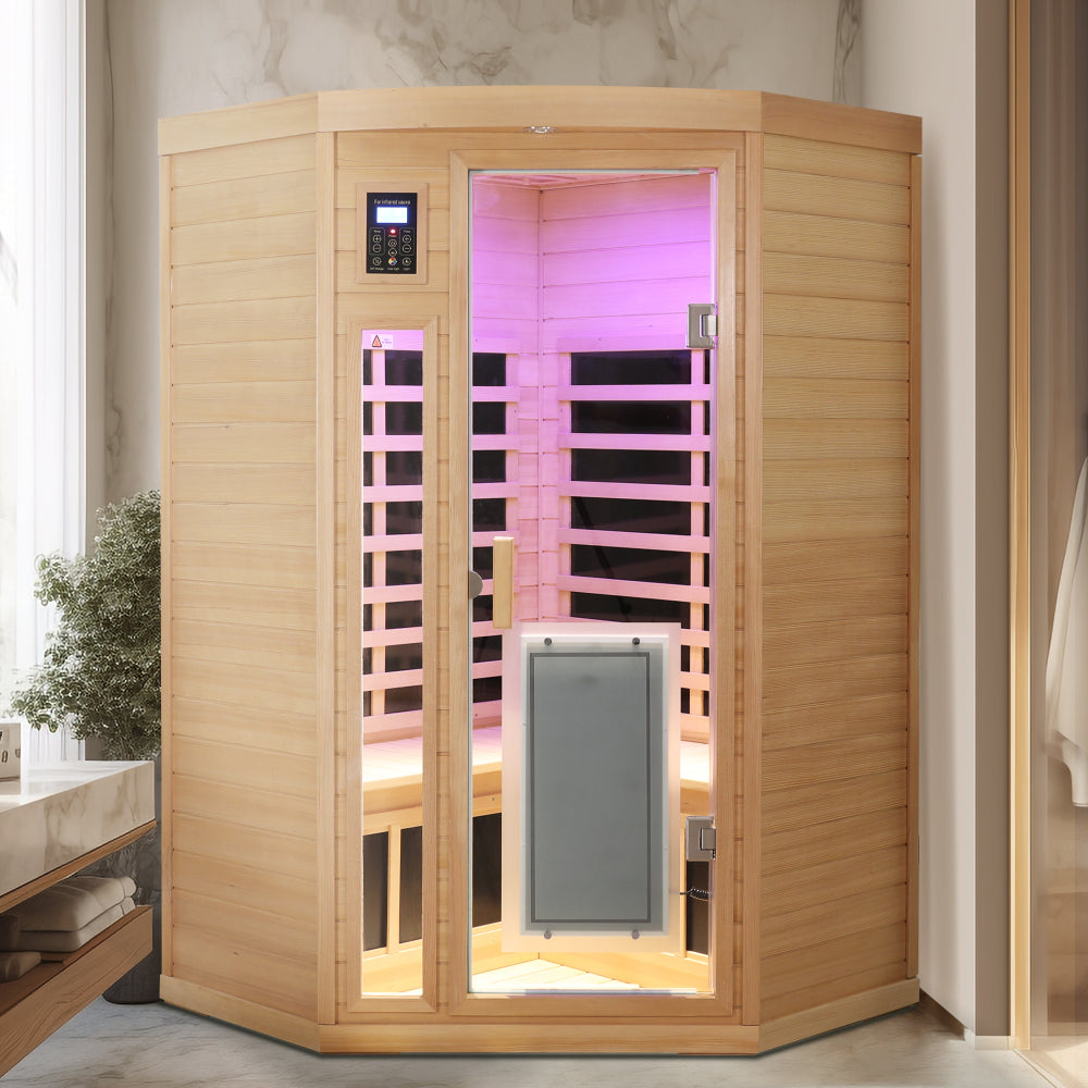 Low EMF Front door with heating panel Two persons Hemlock Far infrared corner Indoor sauna room