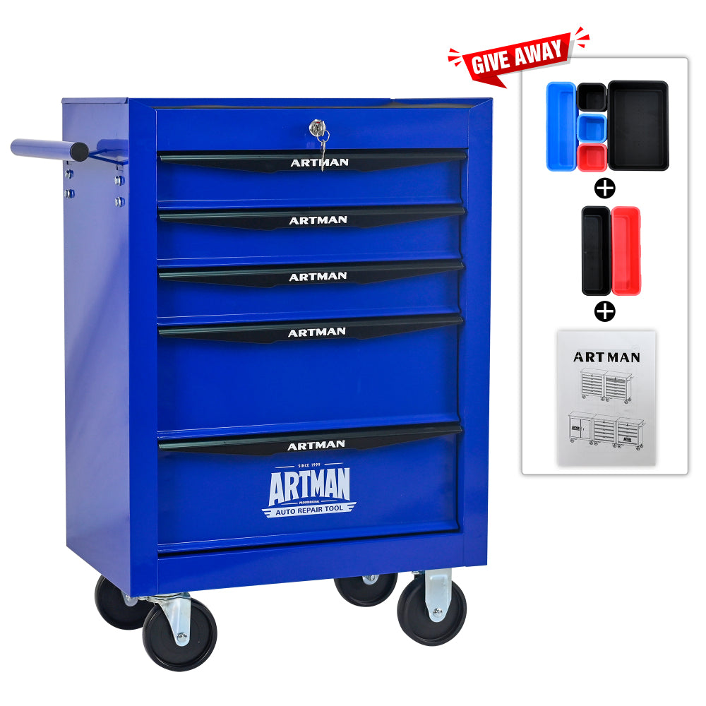 Rolling Metal Tool Chest with 5 Drawers, 20" 5-Drawer Tool Chest Cabinet with Ball Bearing Drawer Slides, Steel Tool Storage Box Organizer -BLACK&BLUE