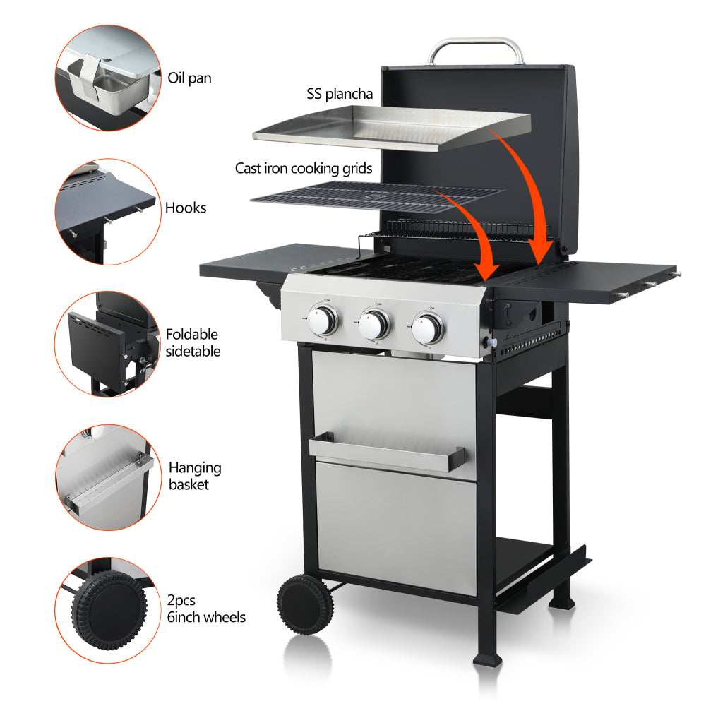 3-Burner Propane Gas BBQ Grill, SS Plancha, 36900BTU Output With Wire Enamel Cooking Grids For Outdoor Barbecue, Foldable Side Table, Hanging Basket, Stainless Steel