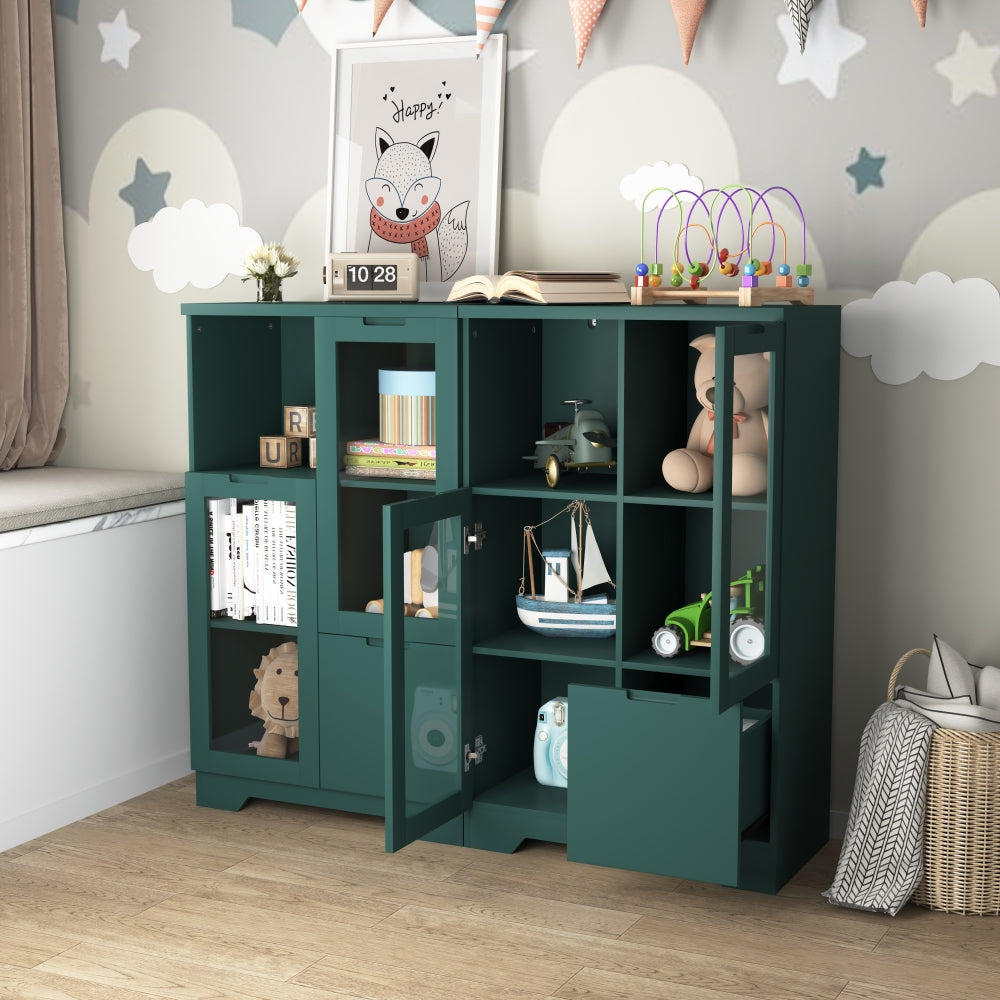MDF painted Cabinet with Glass Doors and drawer, open storage space, Green ,Bedroom, Living room