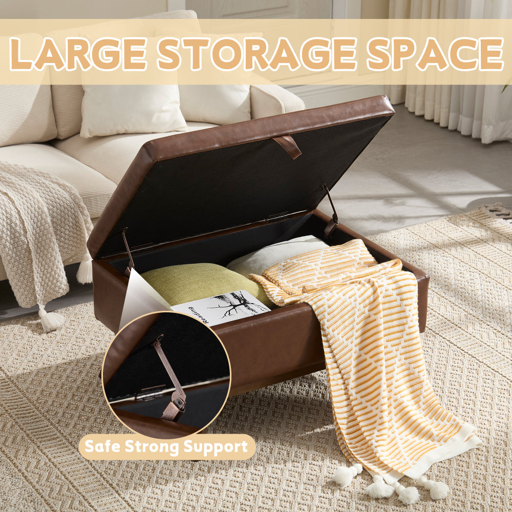 Mid-century modern square coffee table storage bench, assembled, suitable for living room, entryway and family room, used as a coffee table, stirrups, shoe bench