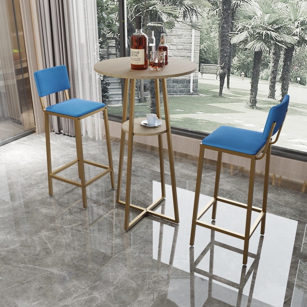 Bar table and chairs three piece set, gold frame, sponge made seat cushions and backrests, bar table with storage function (gold+brown tabletop+blue cushion)
