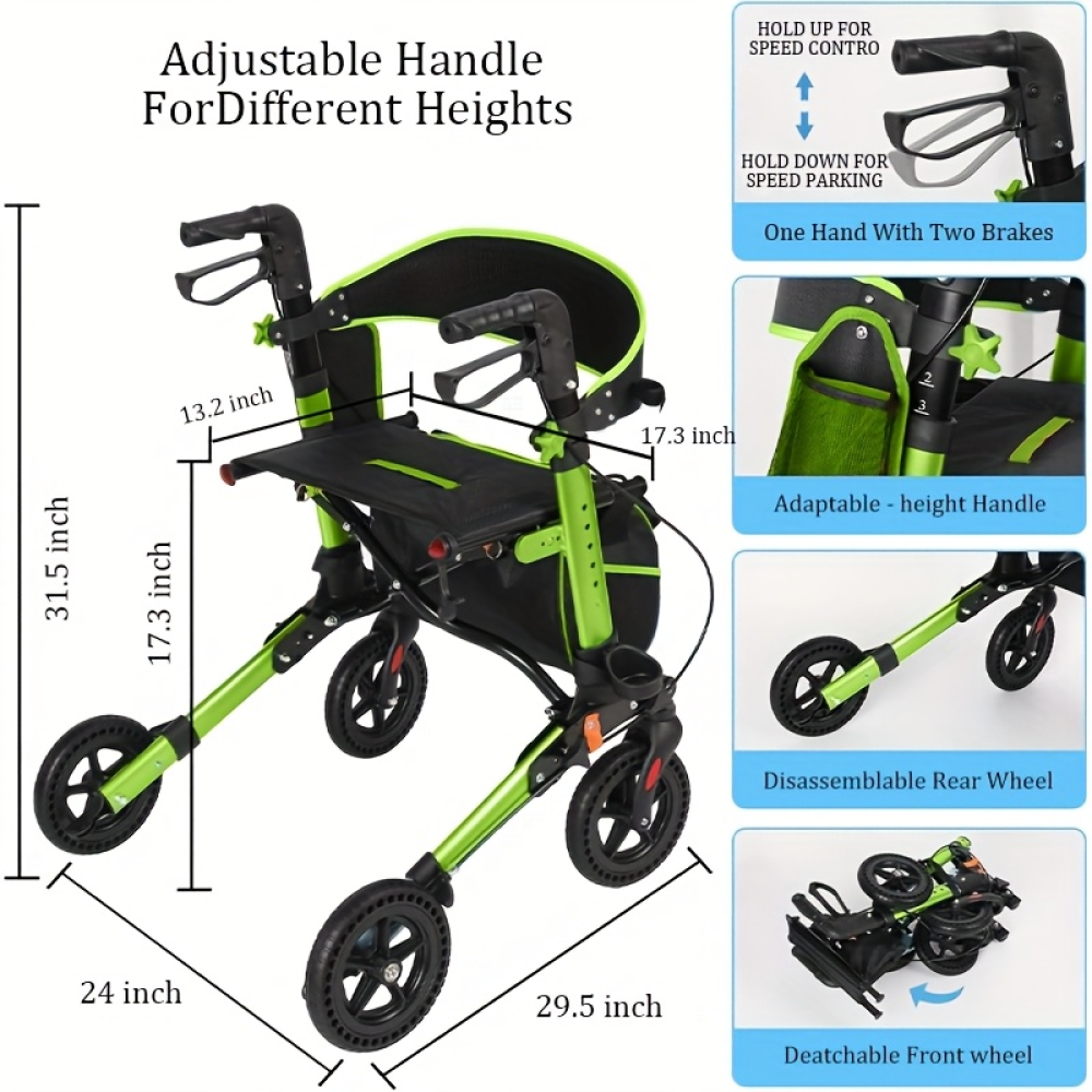 Rollator Walker for Seniors, Lightweight Foldable All Terrain Rolling Walker with seat, Aluminum Walkers with 8 inch Rubber Wheels, Handles and Backrest for Seniors and Adult (GREEN)
