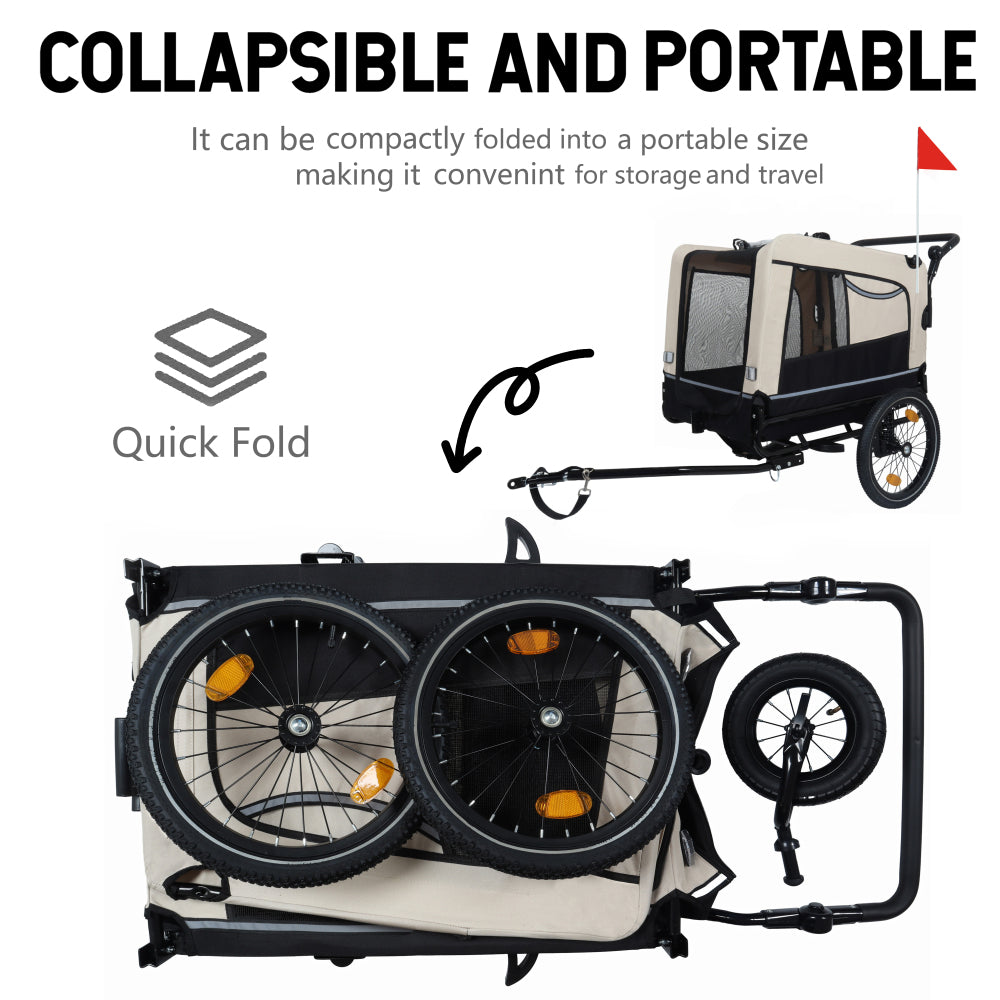 2-in-1 Bike Trailer & Push Cart for Pets - Detachable Bike Hitch & Push Handle Included - All-Terrain Wheels, Quick Release Wheel, Non-Slip Floor, Internal Leash, Holds  Up to 88 lbs, Black- Beige