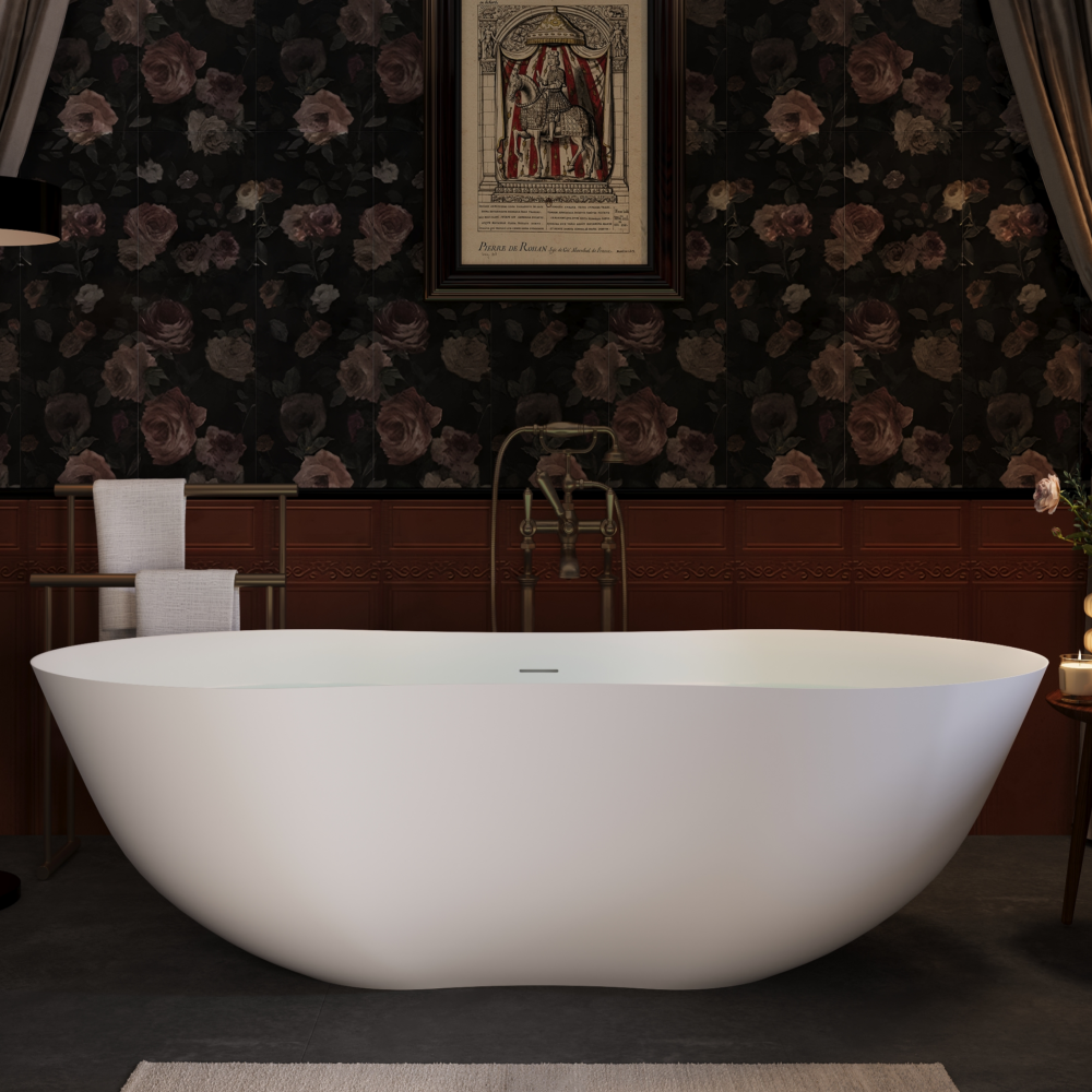 67" Freestanding Solid Surface Bathtub, Stone Resin Freestanding Bath Tub with Overflow and Pop-up Drain, Matte White 24S10-67MW