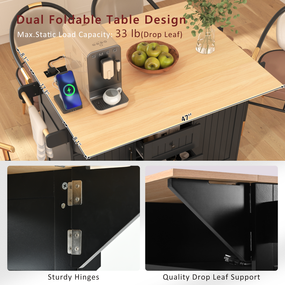 K&K 55.7'' Large Kitchen Island with 2 Drop Leaf,, Rolling Kitchen Cart on 5 Wheels with Power Outlet, Folding Storage Dining Table with Spice & Towel Rack , 3 Drawers, for Kitchen, Dining Room,Black