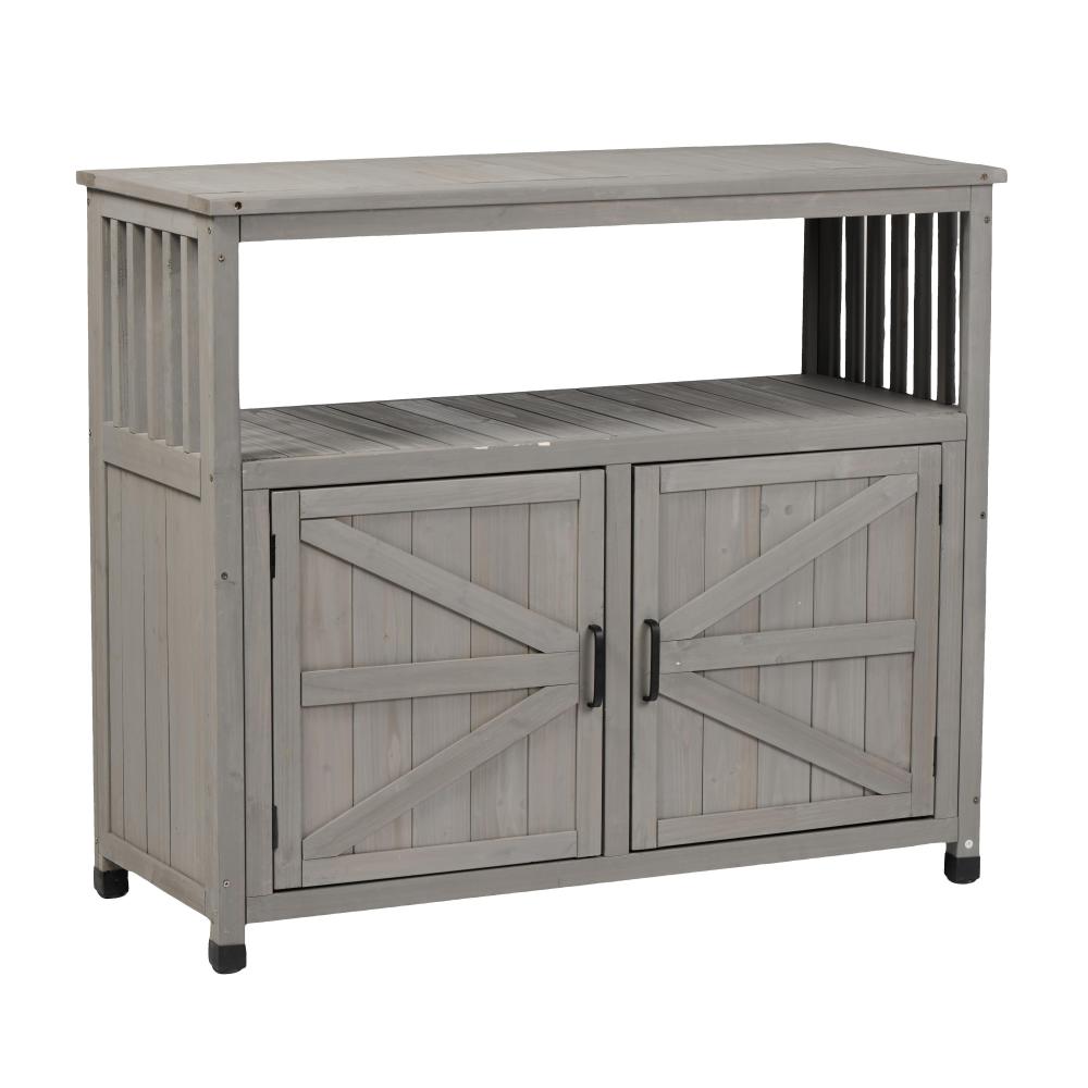 Potting Bench with Storage Cabinet and Metal Table Top for Outdoor Patio, Garden Furniture Wood Workstation Grey 31.5x17x36''