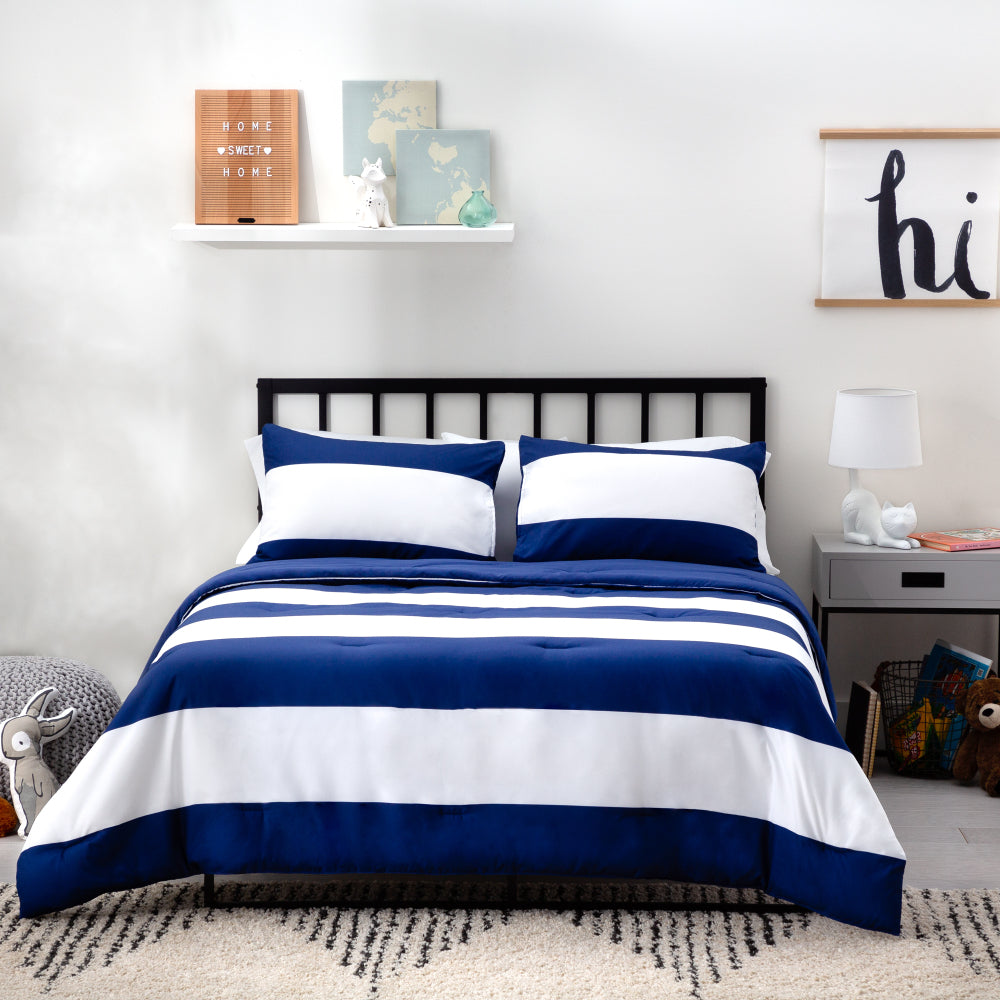 Linenspa Microfiber Designer Comforter - Rugby Stripe , Cal King, Navy