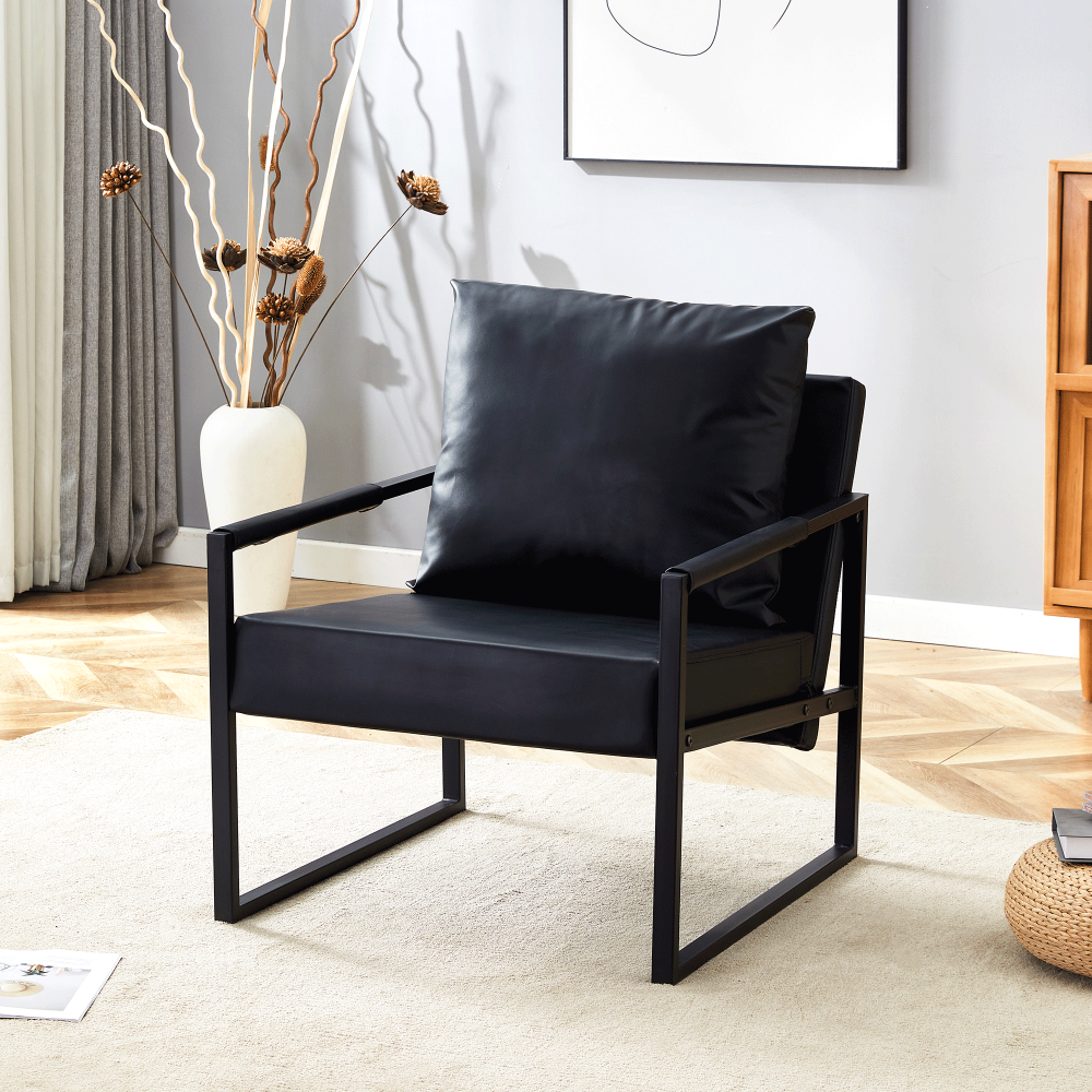 Set of 1 Classic Black PU Leather and Metal Frame Sofa -Ergonomically designed, a perfect blend of modern and industrial styles, with product dimensions of 27*29.7*29.6 inches.