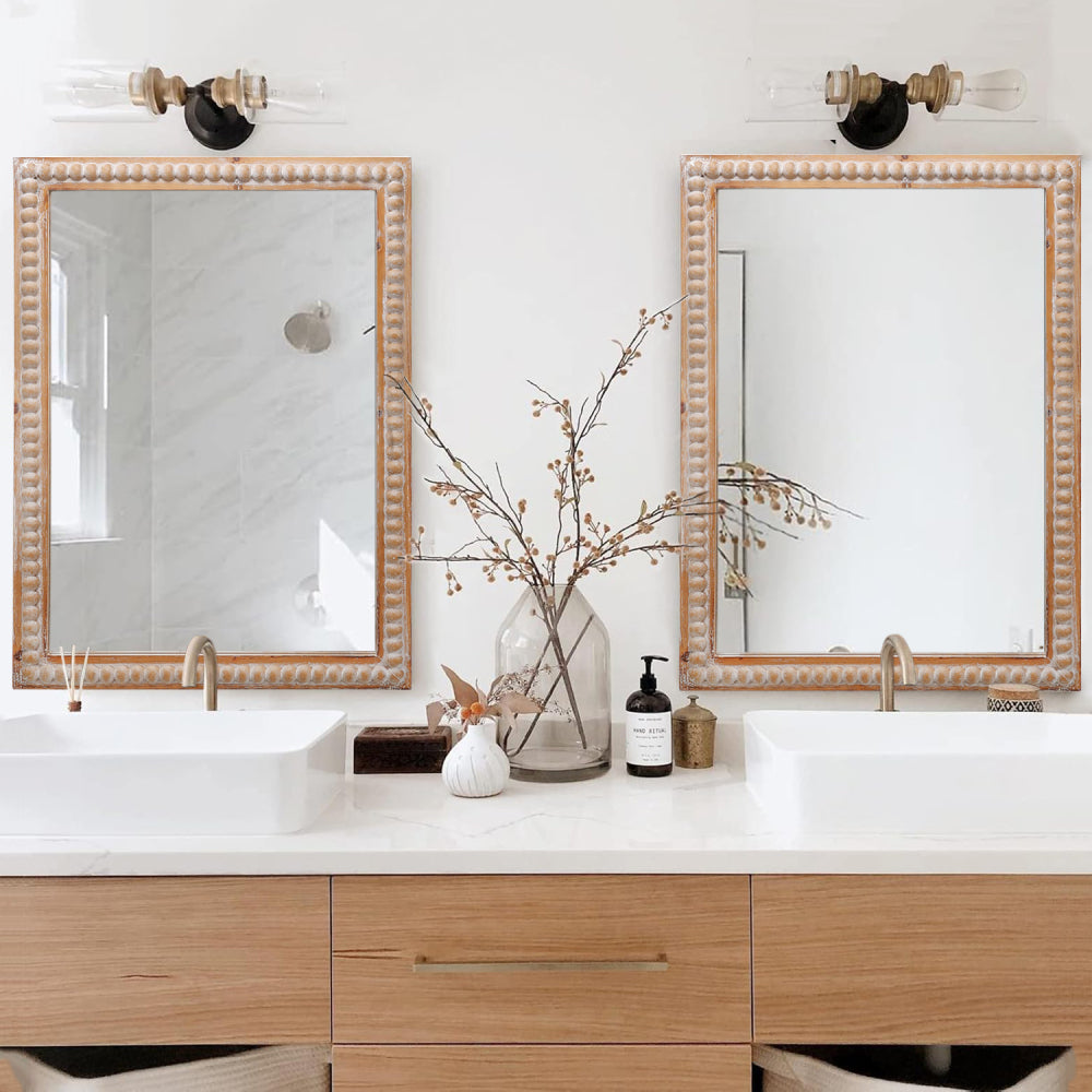 22x30 Inches Wood Framed Mirrors for Bathroom,Wooden Frame Wall Mirror Farmhouse Wall Mounted Rectangle Mirror for Vanity (Horizontal/Vertical) with beading