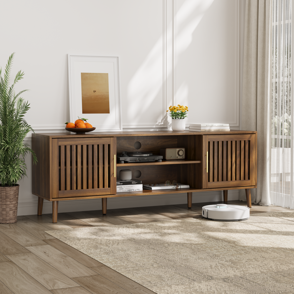 63 inch TV stand with 2 grille door cabinets and adjustable storage rack, suitable for medieval modern TV cabinets with 55/65/70 inch TVs, entertainment center with storage space, walnut wood