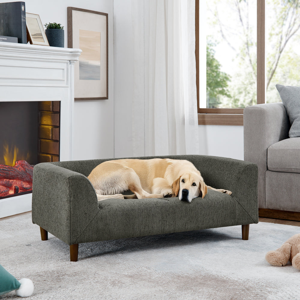 Pet sofa with backrest and armrests, modern rectangular pet sofa suitable for small and medium dogs, soft cushion comfortable dog sofa,--Dark grey