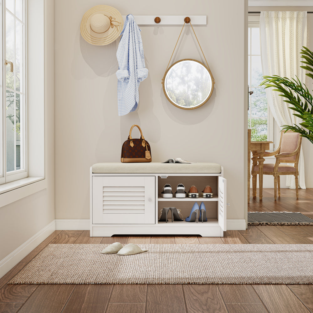 28.74"Shoe Storage Bench with 2 Door Cabinet, Entryway Bench with  White Shoe Storage, Shoe Bench with Cushion, Adjustable Shelves, Shoe Rack Bench for Entryway, Hallway