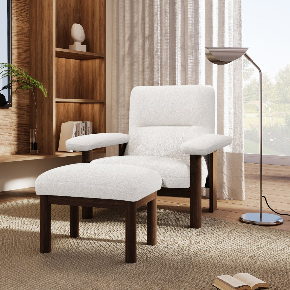 U-Can Modern Accent Chair with Ottoman, Mid Century Lounge Chair with footrest, Comfy Fabric Armchair Upholstered Set with Solid Wood Frame for Living Room