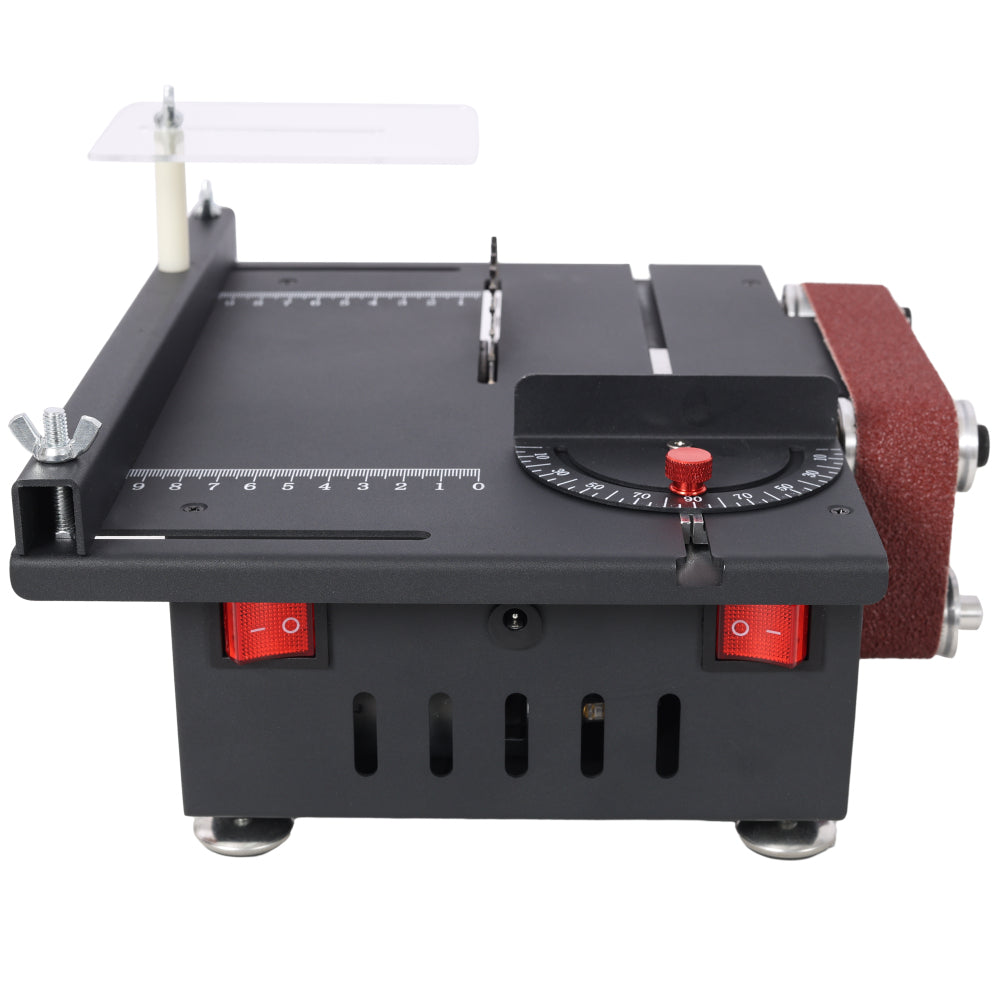 Mini Table Saw,Belt Sander,4pcs Blades,10pcs Sanding Blet,7 Gear Adjustable 0-90° Angle, Available for Wood/PCB/Acrylic/Plastic,DIY Model Crafts Cutting Tool
