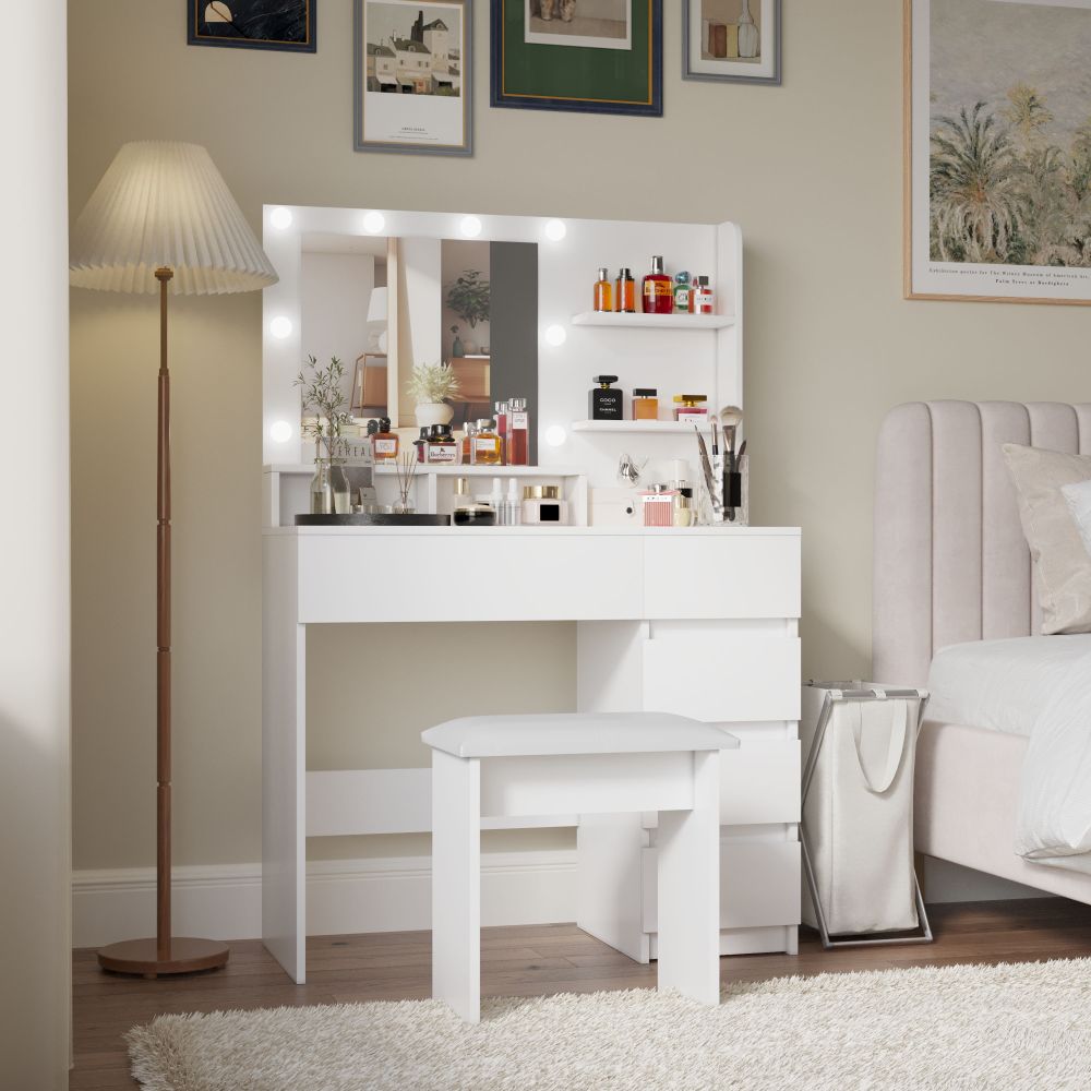 Vanity, Makeup Vanity Desk Set with Mirror & Light, Dressing Table Storage Lots with Power Strip, 3 Lighting Modes with Adjustable Brightness, 37 Inches  (White with Stool)