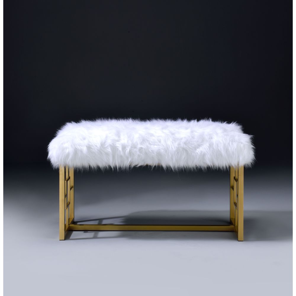 Bagley II White Faux Fur & Gold Finish Bench