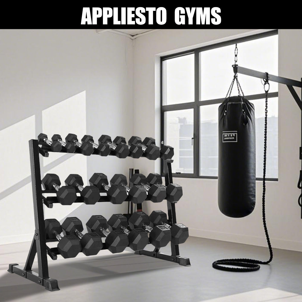3-Tier Dumbbell Rack Stand: Holds 5-50lb weights with a 1100 lb max capacity. Designed specifically for dumbbell storage.